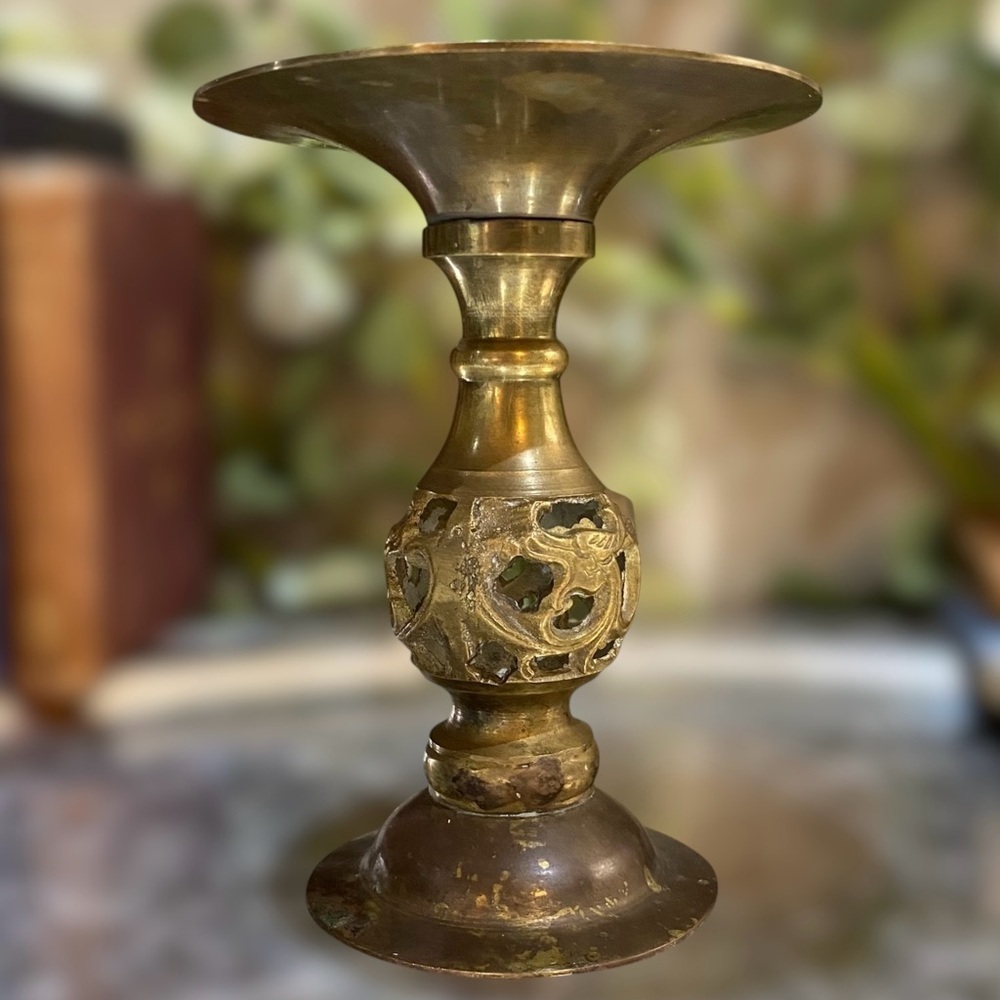 Vintage Solid Brass Open Work Pedestal Candle Holder Spike Plate Pillar